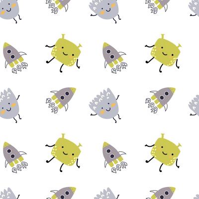 Childrens cute pattern with monsters or aliens in space. Galaxy elements and rockets