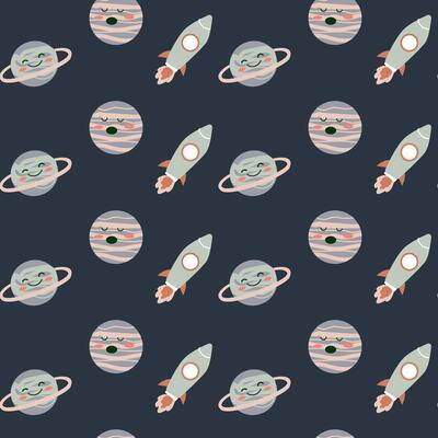 Childrens adventure pattern with cosmic objects and galaxy elements, cute planets.
