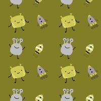 Childrens cute pattern with monsters or aliens in space. Galaxy elements and rockets vector