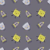 Childrens cute pattern with monsters or aliens in space. Galaxy elements and rockets vector
