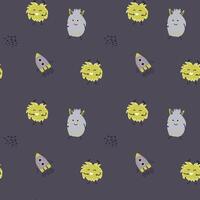 Childrens cute pattern with monsters or aliens in space. Galaxy elements and rockets vector