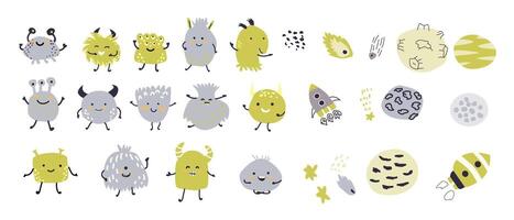 Space bundle. Cosmic objects and childrens animal characters. vector