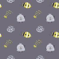 Childrens cute pattern with monsters or aliens in space. Galaxy elements and rockets vector