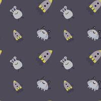 Childrens cute pattern with monsters or aliens in space. Galaxy elements and rockets vector
