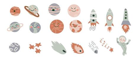 Space bundle. Cosmic objects and child astronaut character. vector