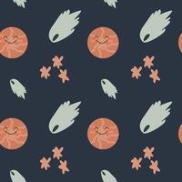 Childrens adventure pattern with cosmic objects and galaxy elements, cute planets. vector