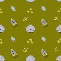 Childrens cute pattern with monsters or aliens in space. Galaxy elements and rockets vector