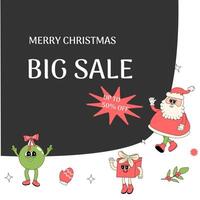 Christmas groovy banner with cartoon characters. Xmas square sale background. Merry Christmas and Happy New Year banner template. Groovy y2k characters and elements background. vector