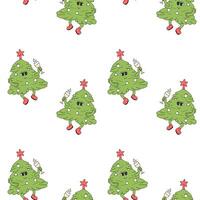 Happy new year pattern with y2k elements. Groovy characters background with santa, snow ball, xmas tree, gifts. Christmas groovy hippie pattern with retro characters in 60s, 70s, y2k style vector
