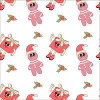 Happy new year pattern with y2k elements. Groovy characters background with santa, snow ball, xmas tree, gifts. Christmas groovy hippie pattern with retro characters in 60s, 70s, y2k style vector