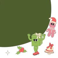 Christmas groovy banner with cartoon characters. Xmas square background. Merry Christmas and Happy New Year banner template. Groovy y2k characters and elements background. vector