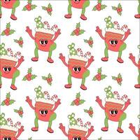 Happy new year pattern with y2k elements. Groovy characters background with santa, snow ball, xmas tree, gifts. Christmas groovy hippie pattern with retro characters in 60s, 70s, y2k style vector