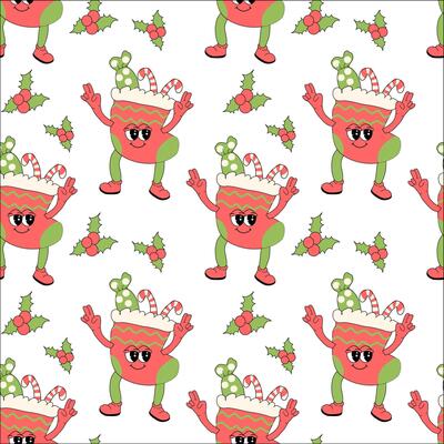Happy new year pattern with y2k elements. Groovy characters background with santa, snow ball, xmas tree, gifts. Christmas groovy hippie pattern with retro characters in 60s, 70s, y2k style