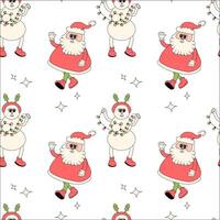 Happy new year pattern with y2k elements. Groovy characters background with santa, snow ball, xmas tree, gifts. Christmas groovy hippie pattern with retro characters in 60s, 70s, y2k style vector