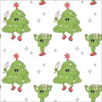Happy new year pattern with y2k elements. Groovy characters background with santa, snow ball, xmas tree, gifts. Christmas groovy hippie pattern with retro characters in 60s, 70s, y2k style vector