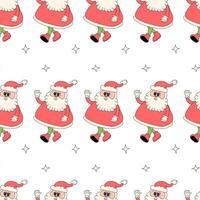 Happy new year pattern with y2k elements. Groovy characters background with santa, snow ball, xmas tree, gifts. Christmas groovy hippie pattern with retro characters in 60s, 70s, y2k style vector