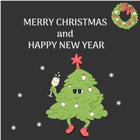 Christmas groovy banner with cartoon characters. Xmas square background. Merry Christmas and Happy New Year banner template. Groovy y2k characters and elements background. vector