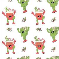 Happy new year pattern with y2k elements. Groovy characters background with santa, snow ball, xmas tree, gifts. Christmas groovy hippie pattern with retro characters in 60s, 70s, y2k style vector