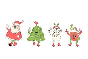 y2k Happy New year and Christmas groovy stickers set. Xmas retro set. Groovy y2k characters and elements. Santa, christmas tree, gift box, socks and other for greeting card, party design. vector