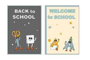 School posters set with groovy characters. Stationery with y2k school elements background vector