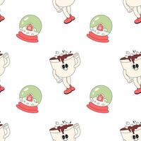 Happy new year pattern with y2k elements. Groovy characters background with santa, snow ball, xmas tree, gifts. Christmas groovy hippie pattern with retro characters in 60s, 70s, y2k style vector