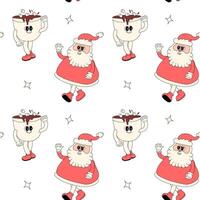 Happy new year pattern with y2k elements. Groovy characters background with santa, snow ball, xmas tree, gifts. Christmas groovy hippie pattern with retro characters in 60s, 70s, y2k style vector