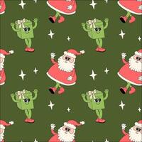 Happy new year pattern with y2k elements. Groovy characters background with santa, snow ball, xmas tree, gifts. Christmas groovy hippie pattern with retro characters in 60s, 70s, y2k style vector
