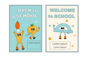 School posters set with groovy characters. Stationery with y2k school elements background vector