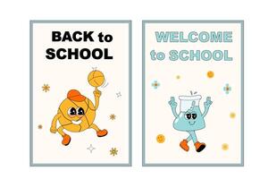 School posters set with groovy characters. Stationery with y2k school elements background vector