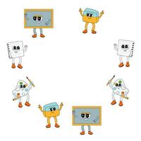 Back to school y2k groovy frame with supplies. Childrens school elements background vector