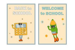 School posters set with groovy characters. Stationery with y2k school elements background vector