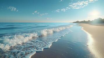 Serene Beachscape with Clear Blue Sky and Gentle Waves, Perfect Copy Space for Text Overlay Photorealistic 8K Resolution Scene photo