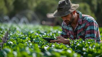 Smart Farming Farmer Monitoring Irrigation Systems with Tablet in Expansive Farmland photo