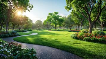 Tranquil Park Setting with Winding Path and Lush Green Landscape in 8K Resolution for Design and Advertising Needs photo