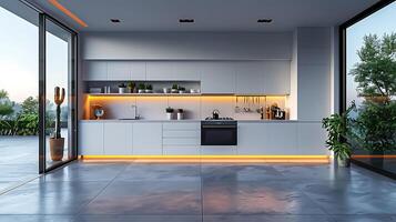 Minimalist White Kitchen with Modern Appliances and Copy Space, Photorealistic 8K Image for Design Mockups and Concepts photo