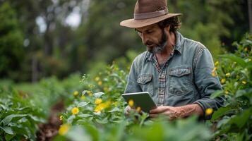 Modern Farmer Using Tablet to Monitor Irrigation Systems in Vast Farmland, Advanced Agricultural Technology in Action photo