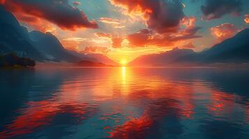 Serene Sunset Scenery Majestic Mountains, Calm Lake, and Vibrant Sky in Ultra Clear 8K Resolution for Text Overlay photo