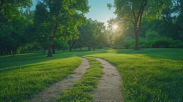 Tranquil Park Oasis - Serene Nature Landscape with Winding Path, Green Fields, and Clear Blue Sky in Stunning 8K Resolution for Advertising and Design Projects photo