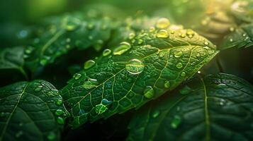 Crystal Clear Water Droplet on Leaf with Copy Space, Close-up Detailed Macro Shot in 8K Resolution photo
