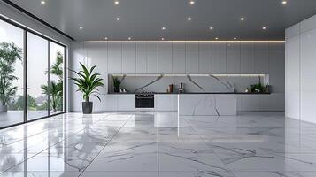 Minimalistic White Kitchen with Modern Appliances and Empty Countertop for Copy Space - 8K Photorealistic Image photo
