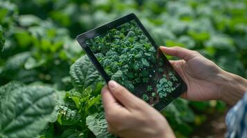 Modern Farming Techniques Farmer Monitoring Irrigation Systems with Tablet in Expansive Farmland photo