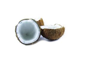 A close-up photograph of a mature and open coconuts isolated on a white background. photo