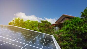 Solar panels set against a blurred background, emphasizing the concept of using solar energy for homes in remote areas. photo