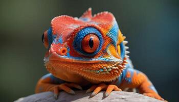 a colorful lizard with blue, orange and red eyes photo