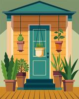 The front porch was adorned with hanging potted plants adding a touch of nature and promoting air purification.. illustration. vector