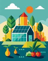 In a coastal town a seaside greenhouse uses solar panels to power its lighting and heating creating the perfect conditions for growing exotic fruits and vegetables.. illustration. vector