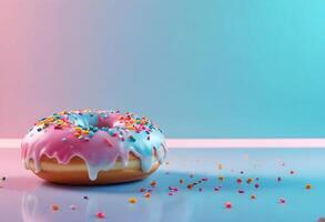 a donut with sprinkles on a blue and pink background photo