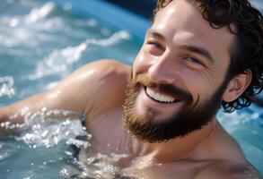 a man with a beard and a smile in a hot tub photo