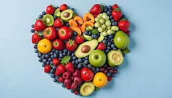 heart shaped fruits and vegetables on blue background photo
