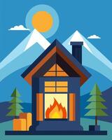 Inside the resorts chalet a cozy fireplace fuels by firewood is complemented by a solarpowered heating system.. illustration. vector